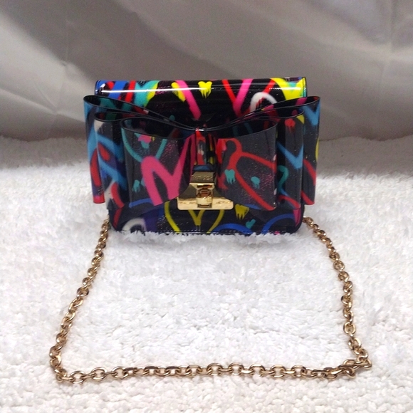 Betsey Johnson Handbags - Betsey Johnson Graffiti Hearts Small Bow Flap Crossbody Purse